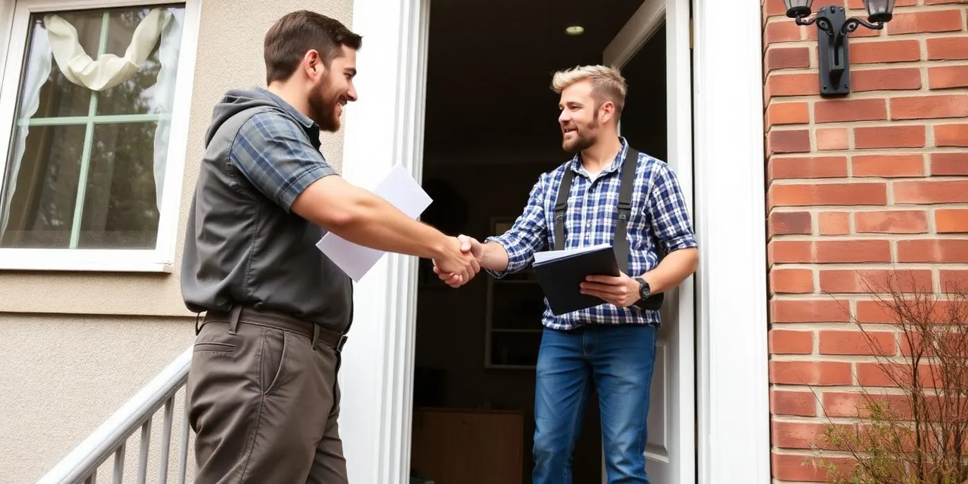 A tradesperson shaking hands with a customer after agreeing a quote