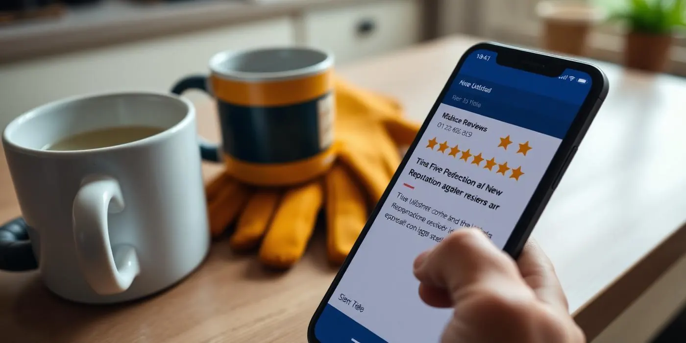 A phone showing a new five-star review for an electrician