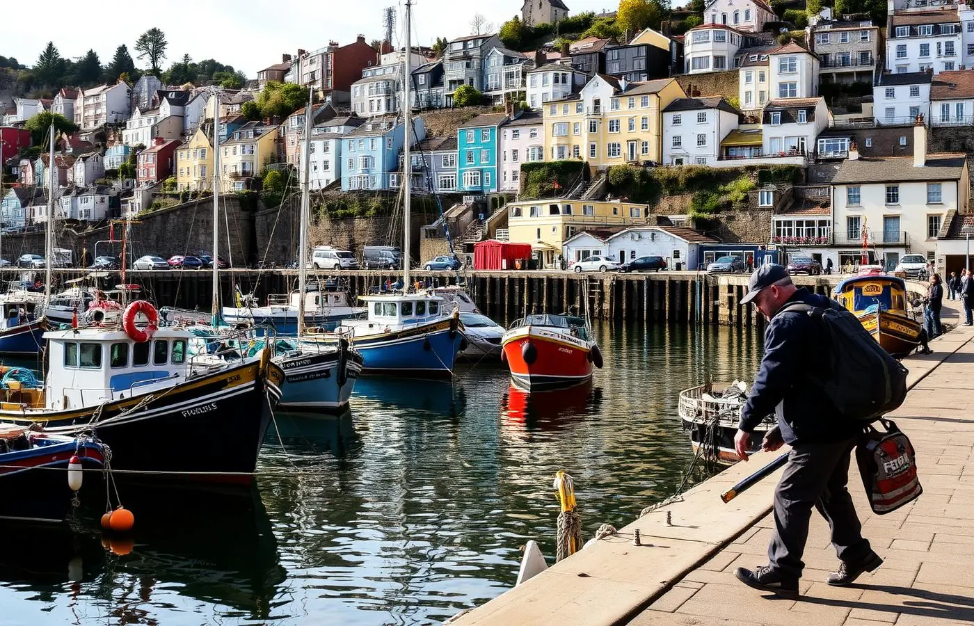 Brixham harbour with fishing boats and coloured houses on the hillside