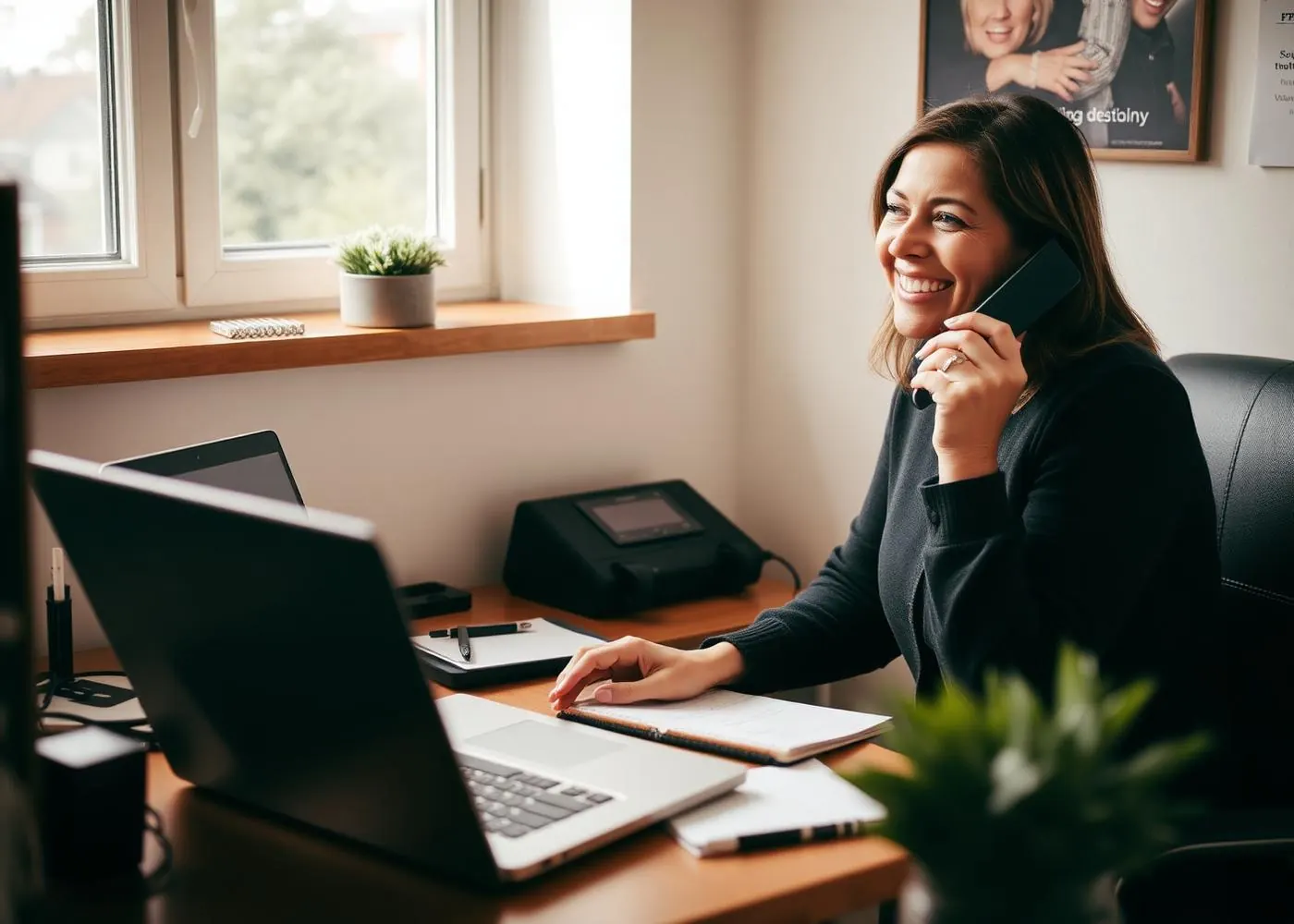 Taking a phone call at a desk with a notepad