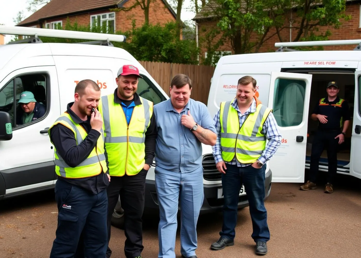 A group of UK tradespeople from different trades on a job
