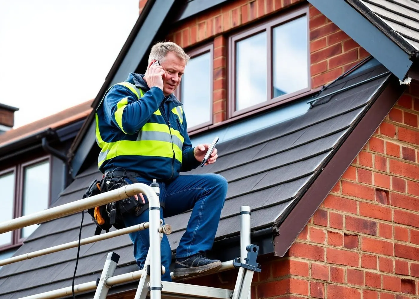 A roofer working on a pitched roof of an English house